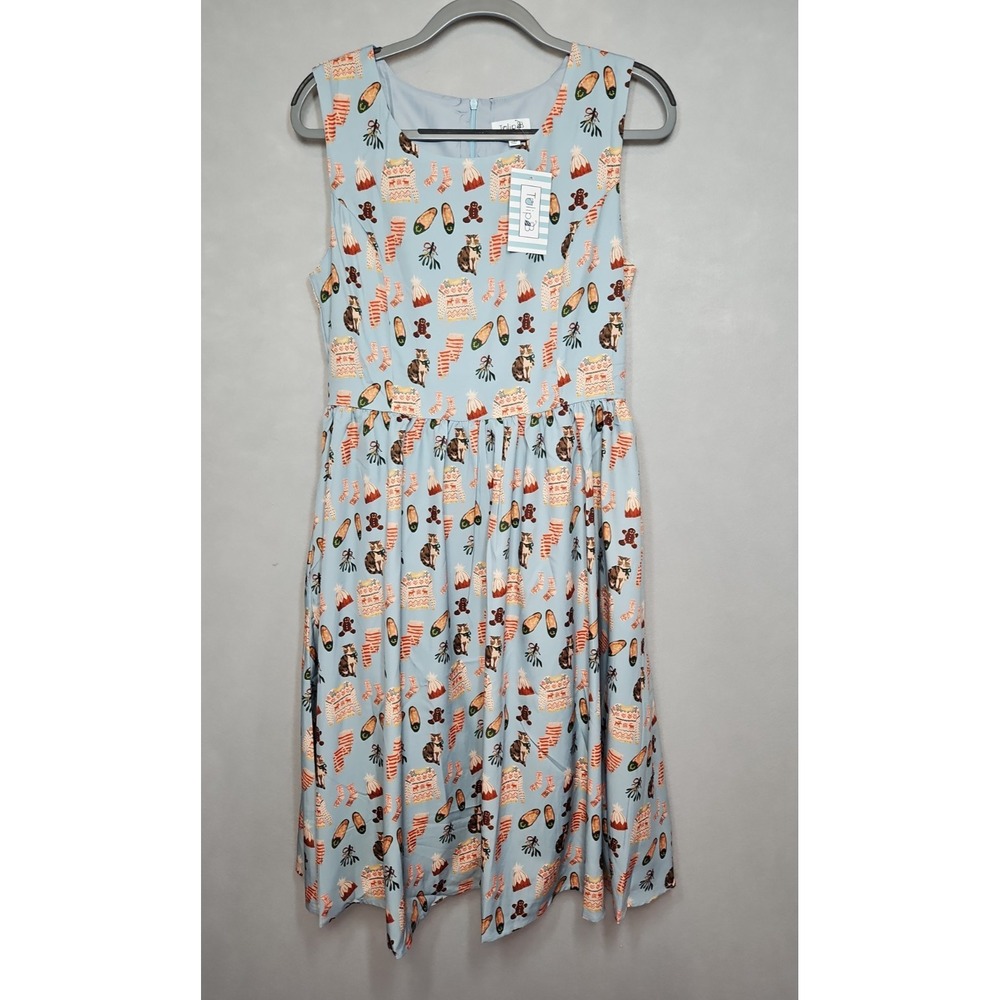 Tulip B Womens Blue Christmas Print Sleeveless Midi Dress w/ Pockets Large NWT